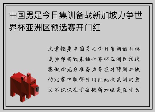 中国男足今日集训备战新加坡力争世界杯亚洲区预选赛开门红