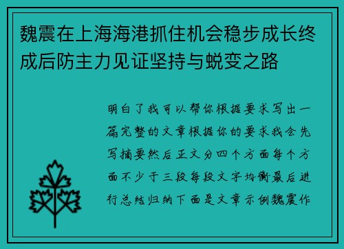 魏震在上海海港抓住机会稳步成长终成后防主力见证坚持与蜕变之路